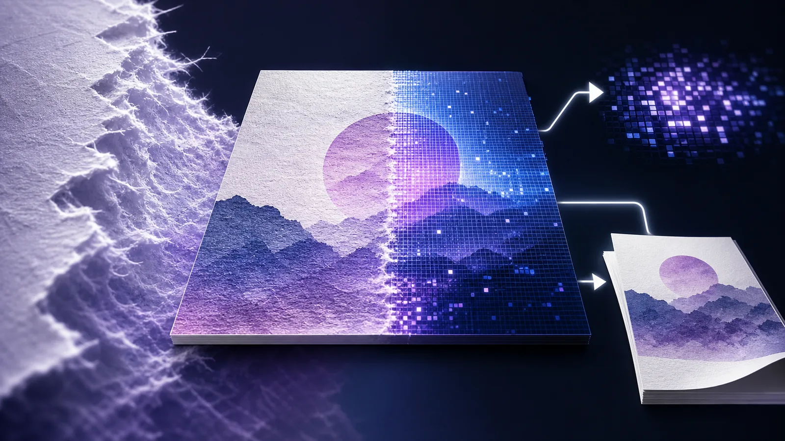 하나의 디자인이 화면용 픽셀 이미지와 인쇄용 문서로 갈라지는 개념 이미지