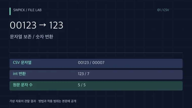 CSV 앞자리 0이 사라졌을 때: 원본과 가져오기 형식부터 확인의 핵심 문제와 공개 예제 결과를 정리한 표지