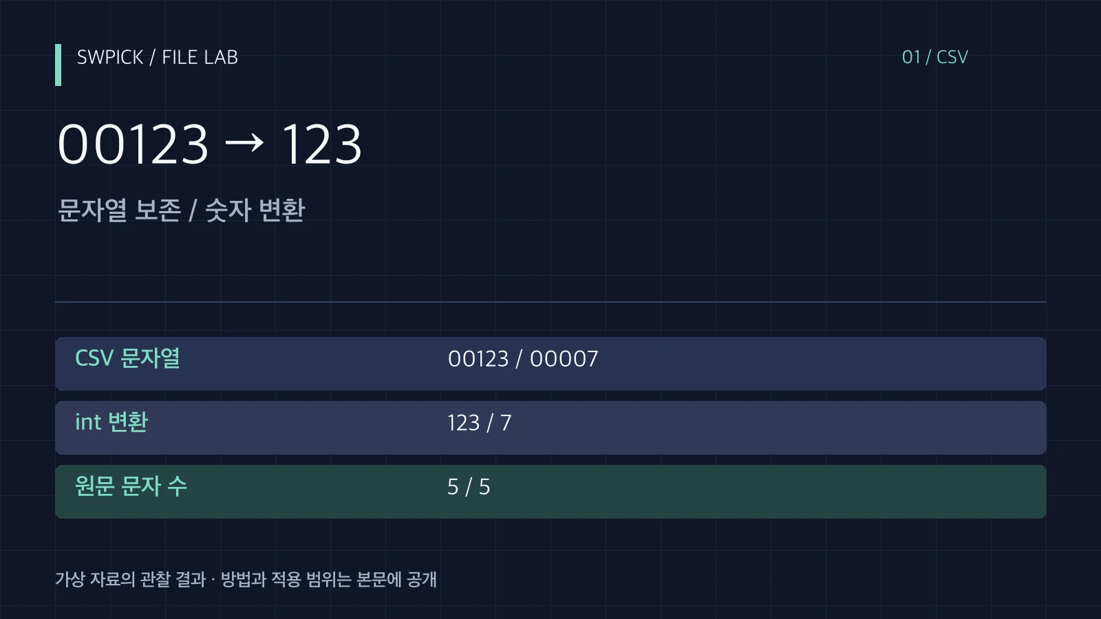 CSV 앞자리 0이 사라졌을 때: 원본과 가져오기 형식부터 확인의 핵심 문제와 공개 예제 결과를 정리한 표지