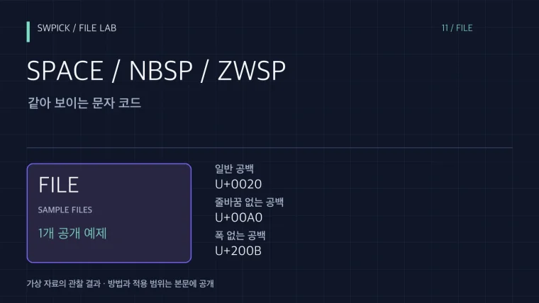 눈으로 같은 공백인데 검색이 안 될 때: 숨은 문자 확인의 핵심 문제와 공개 예제 결과를 정리한 표지